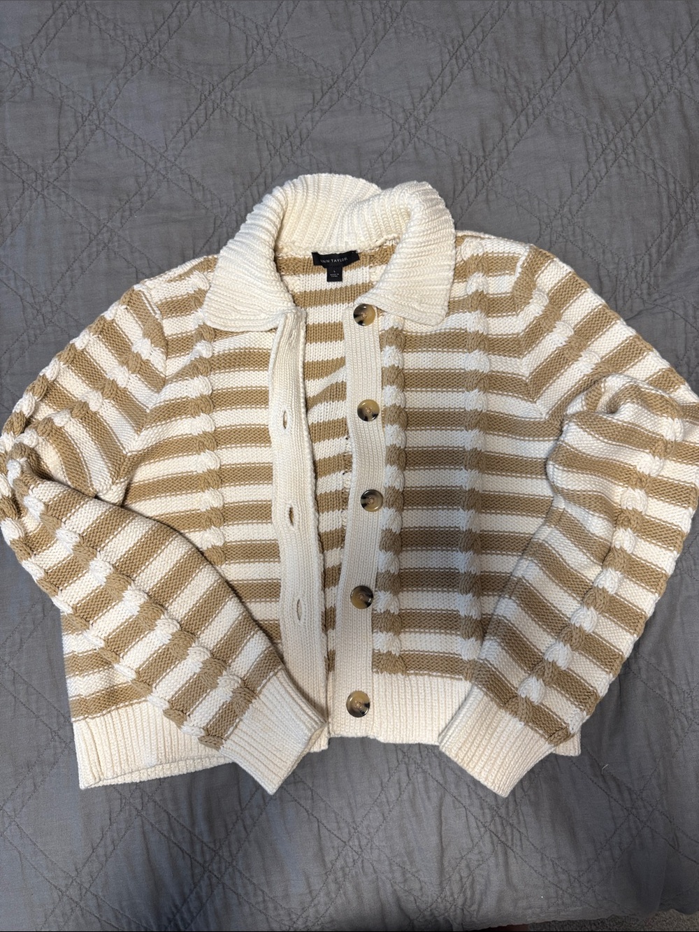 Ann Taylor Striped Button-Up Teddy Cardigan Jacket - Cream & Tan